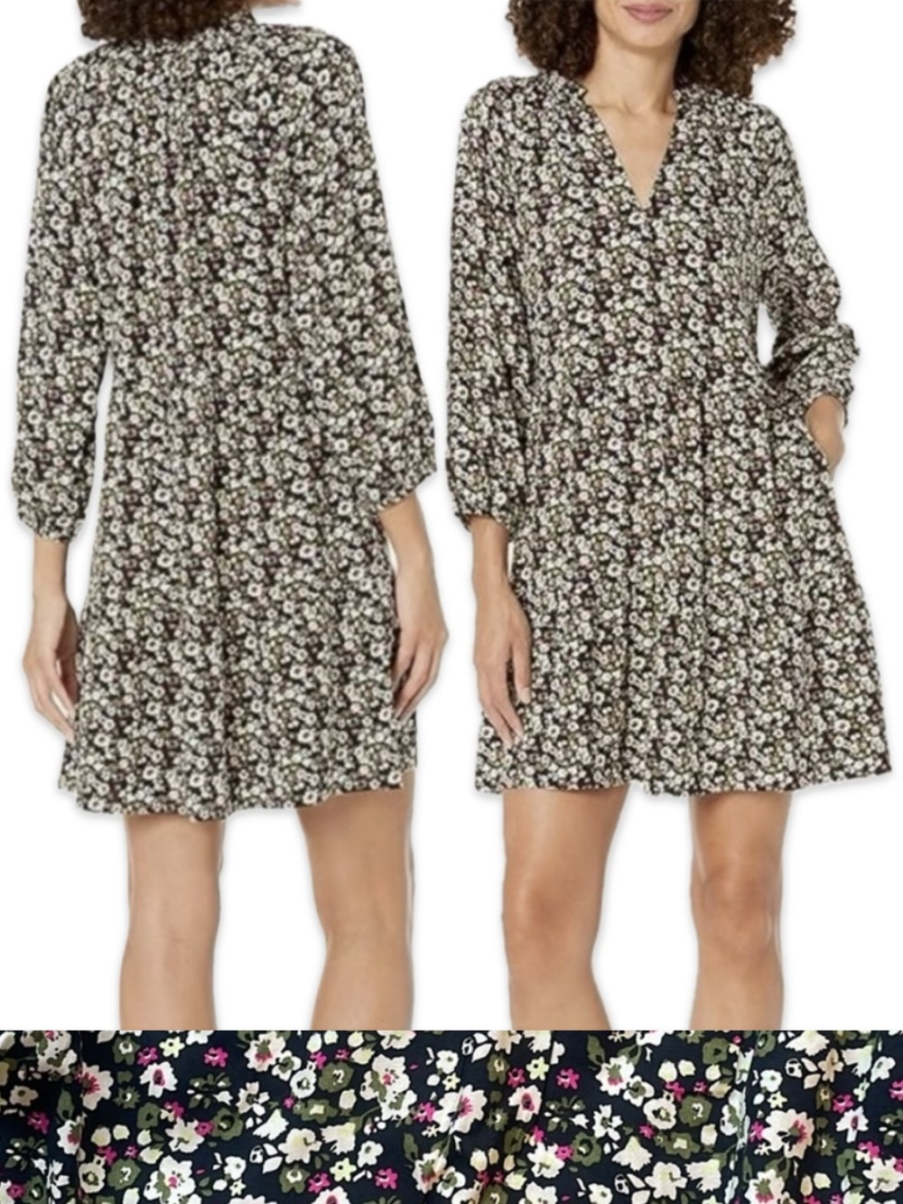 Floral Print Long Sleeve Dress Loose Fit V Neck Mini Boho Flowy Casual NWT